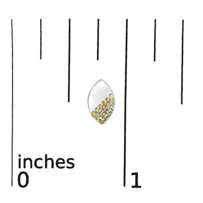 Close-up front view of a white metal earring with round yellow and white gemstones in prong setting, placed on a ruler for size reference.
