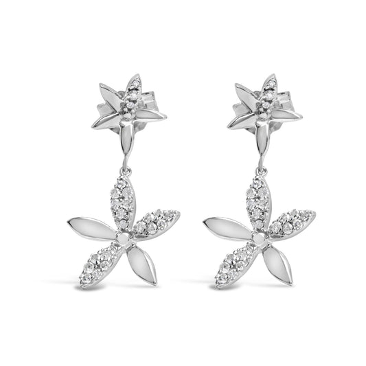Front view of a pair of white metal flower-shaped drop earrings adorned with round white gemstones in a prong setting.
