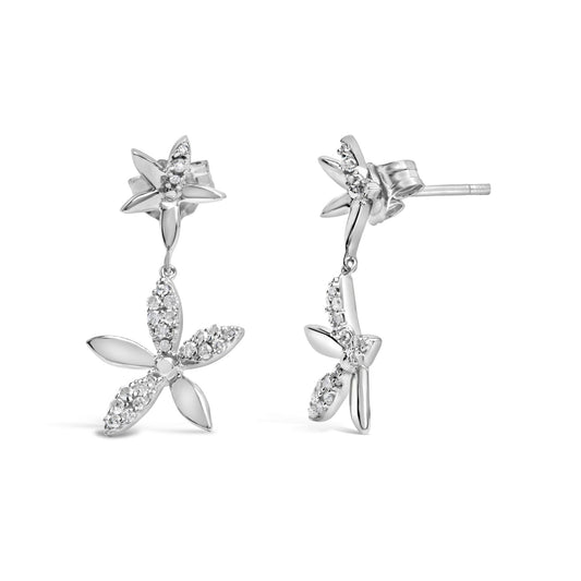 Pair of white metal earrings shaped like flowers with round white gemstones in prong settings, shown from front and side angles on a white background.