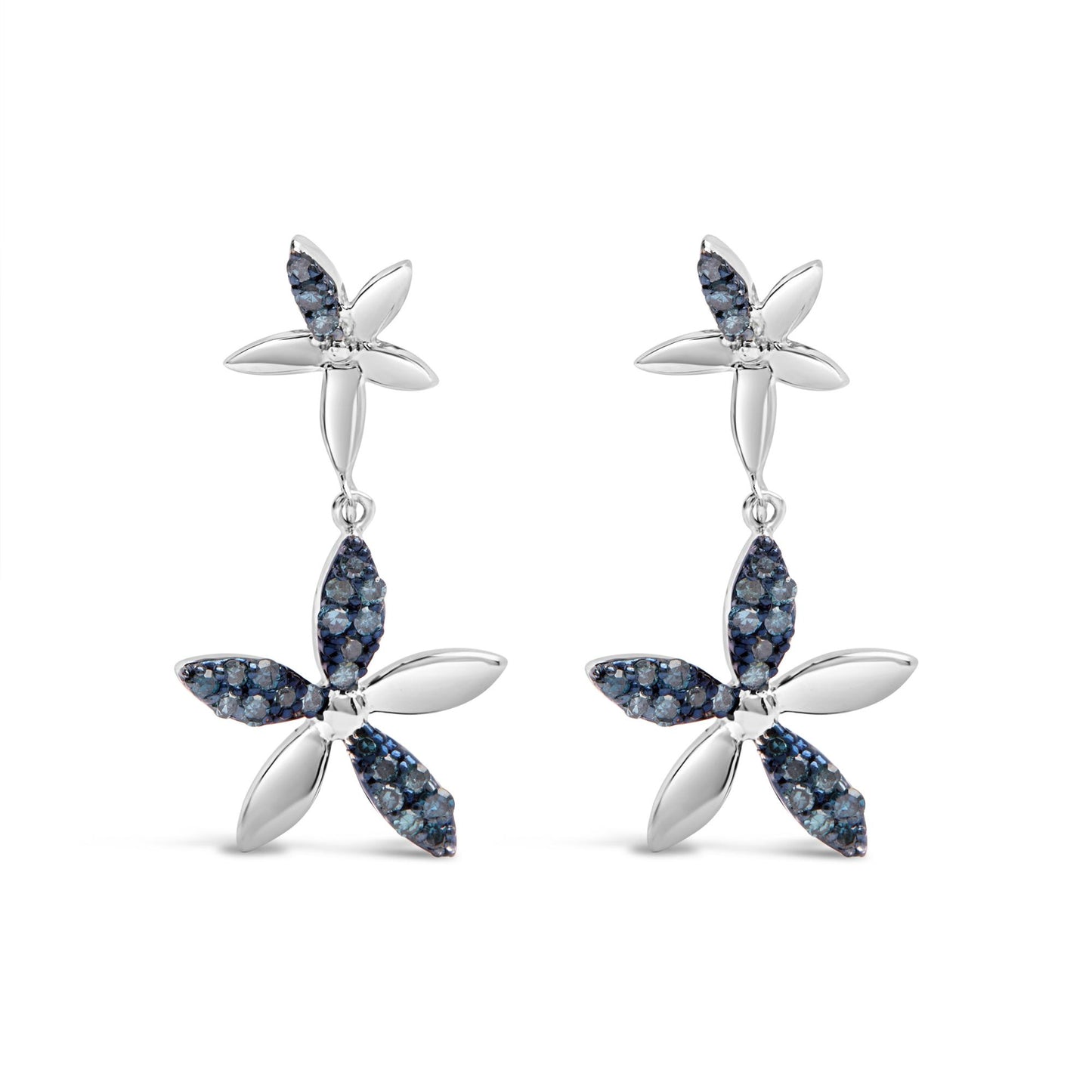 Front view of a pair of white metal earrings designed as two connected four-petal flowers, each petal partially adorned with small round blue gemstones in prong settings.