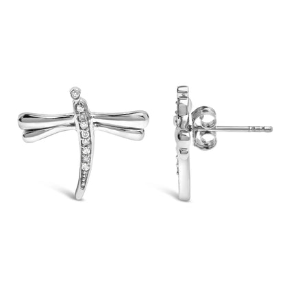 Front and side views of a white metal dragonfly-shaped stud earring with round white gemstones in prong settings along the body, photographed on a white background.