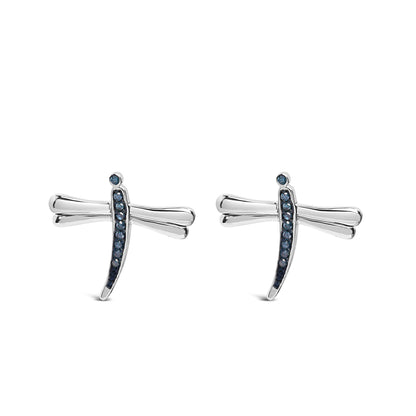 Front view of white earrings shaped like dragonflies with prong-set round blue gemstones along the body.