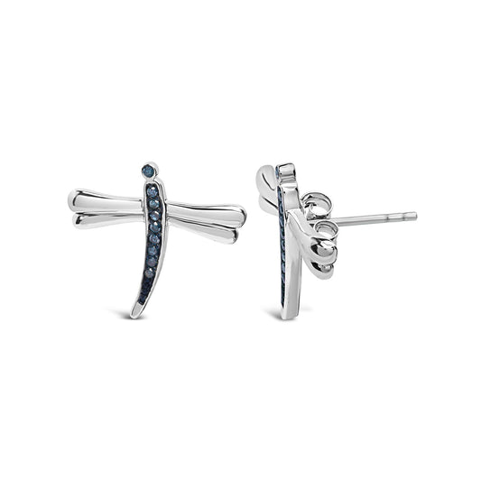 Pair of white metal earrings with blue round gemstones in prong settings, shaped like a stylized dragonfly, shown from front and side angles on a white background.