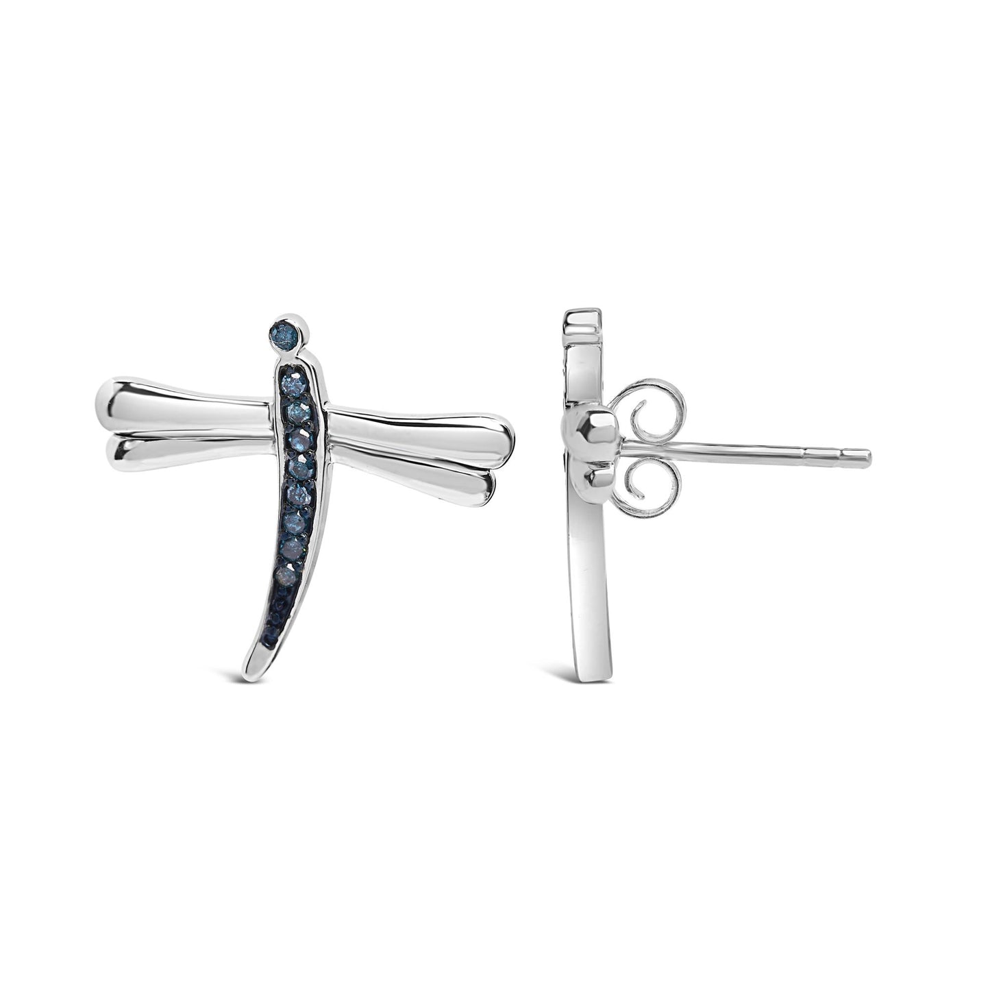 Front and side views of white metal dragonfly-shaped earrings with prong-set round blue gemstones along the body, shown on a white background.