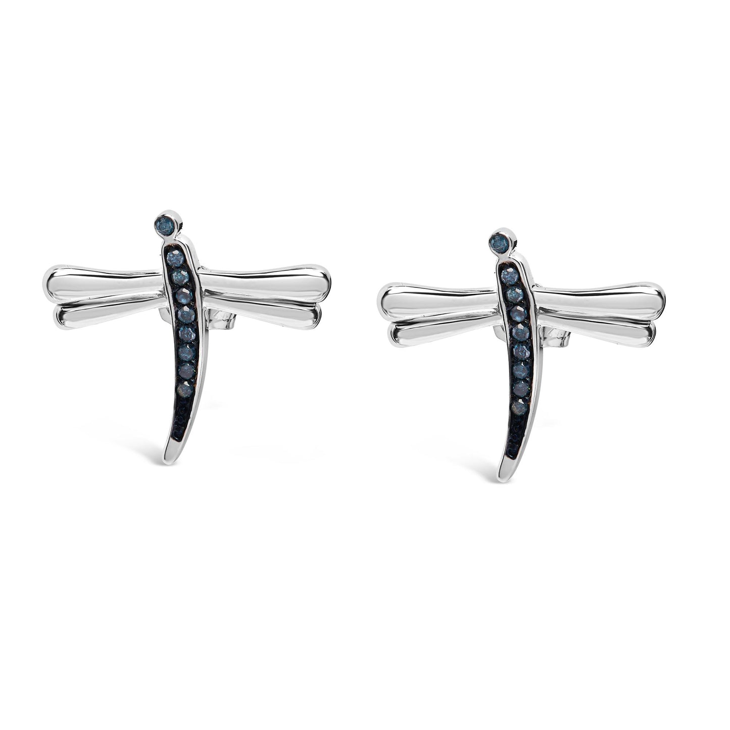 Pair of white metal dragonfly-shaped earrings with prong-set round blue gemstones, front-facing angle.
