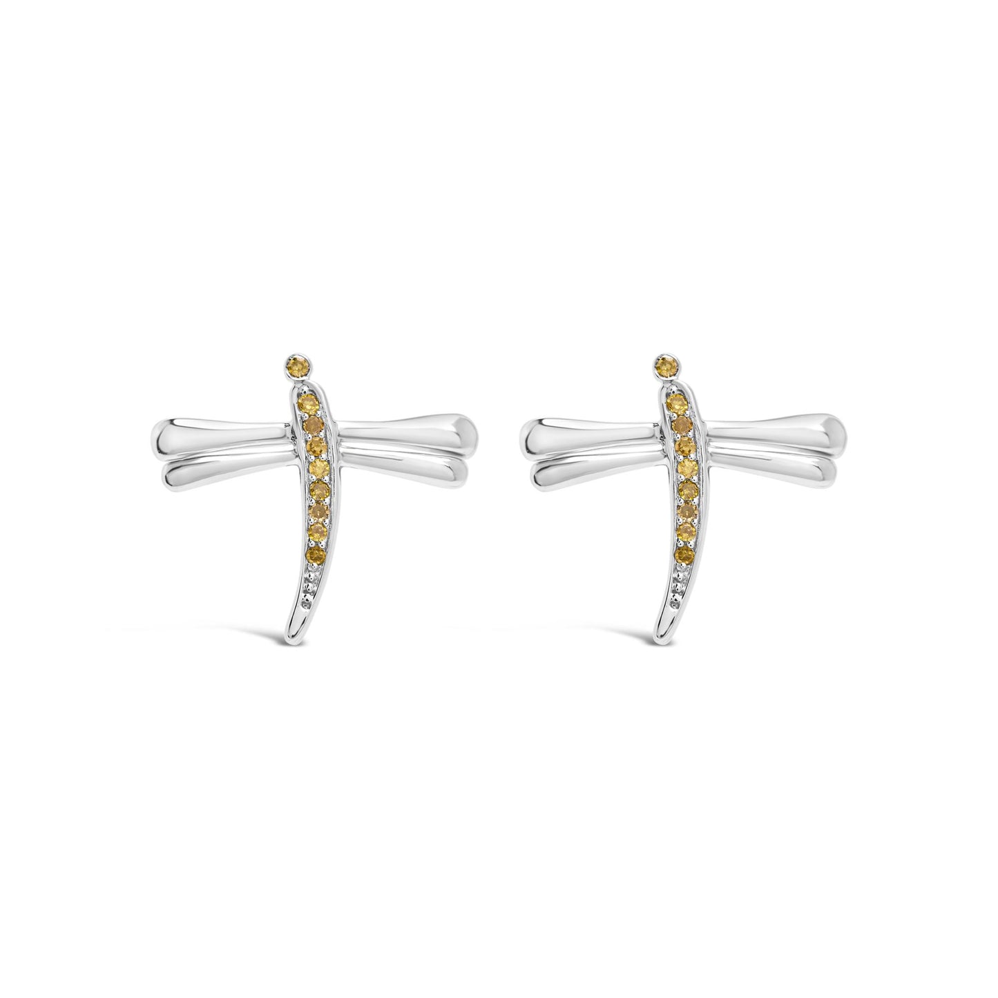 Pair of white metal earrings shaped like dragonflies with yellow round gemstones in prong settings, shown from the front on a white background.