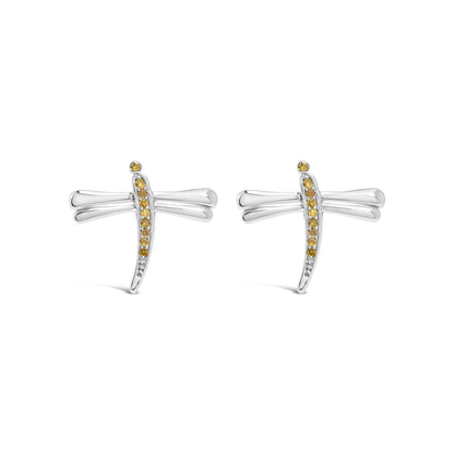 Pair of white metal earrings shaped like dragonflies with yellow round gemstones in prong settings, shown from the front on a white background.