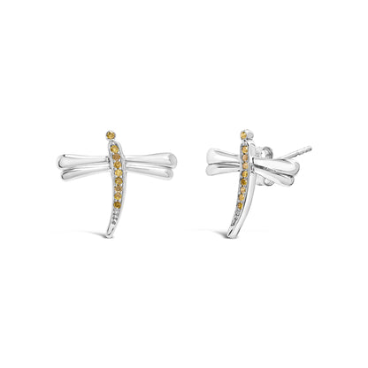 Pair of white metal dragonfly-shaped stud earrings with yellow round gemstones set along the vertical body, shown from the front and side angles on a white background.