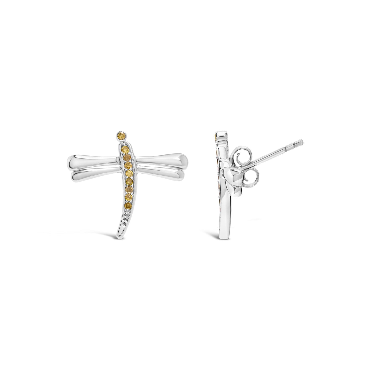 Front and side view of white metal dragonfly-shaped earrings with a row of yellow round gemstones in prong settings along the body.