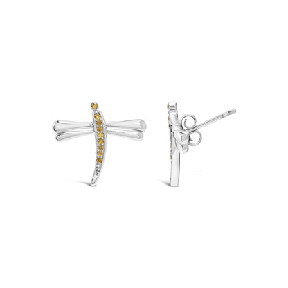 Front and side view of white metal dragonfly-shaped earrings with a row of yellow round gemstones in prong settings along the body.