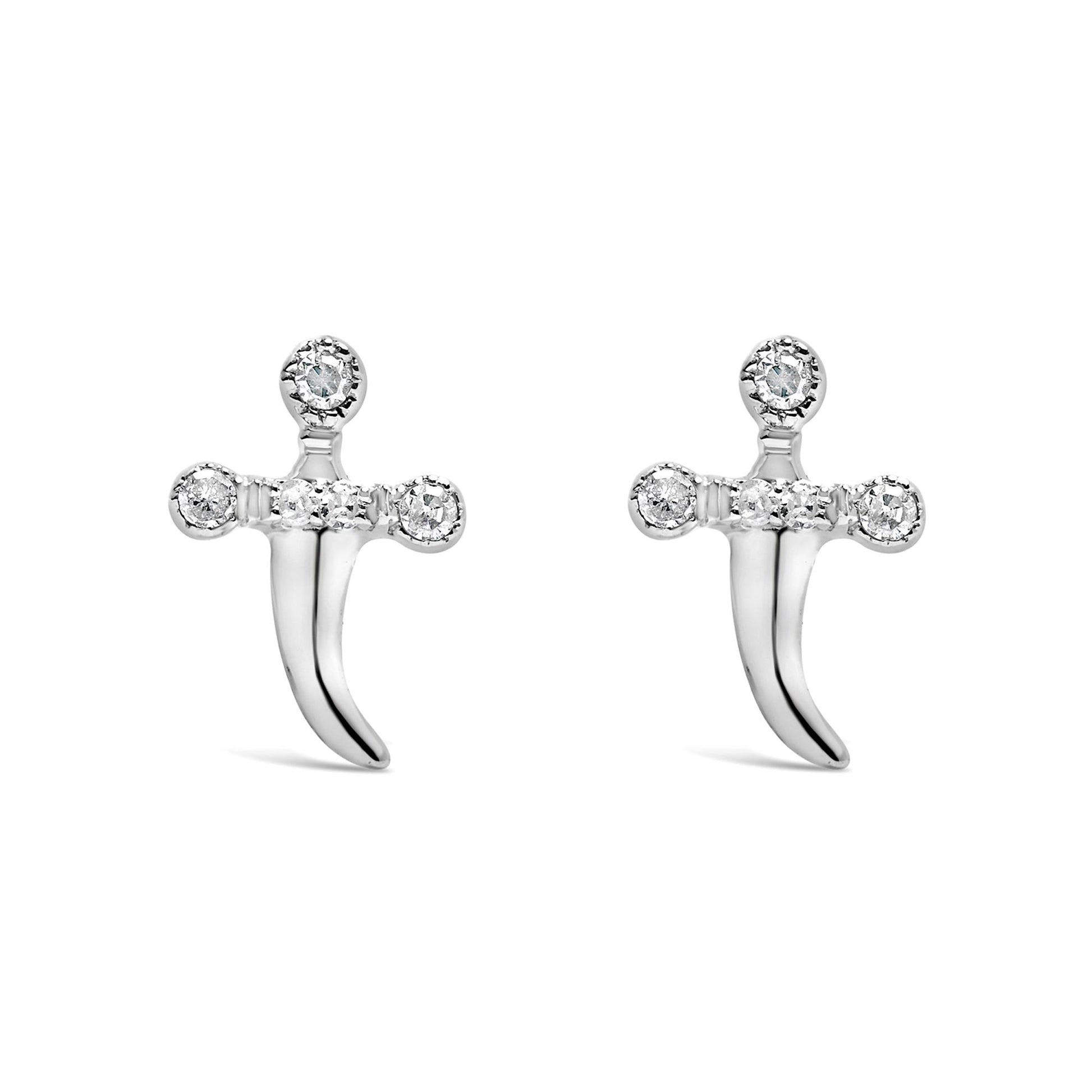 Front-facing pair of white metal earrings with a crossbar featuring white round gemstones in prong settings and a curved tail below, shown on a white background.
