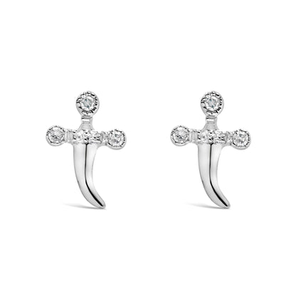Front-facing pair of white metal earrings with a crossbar featuring white round gemstones in prong settings and a curved tail below, shown on a white background.