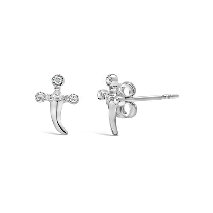 Pair of white metal earrings with round white gemstones in prong settings, shown from front and side angles.