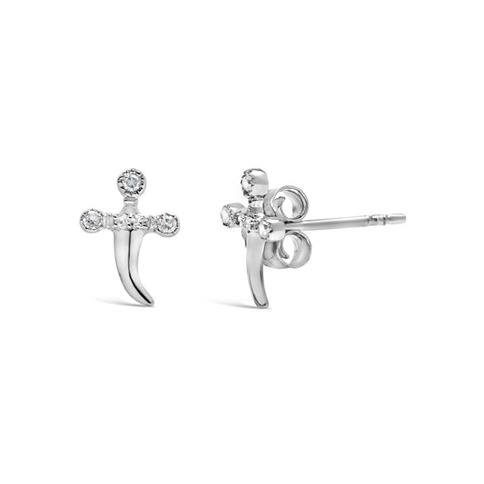 Pair of white metal earrings with round white gemstones in prong settings, shown from front and side angles.