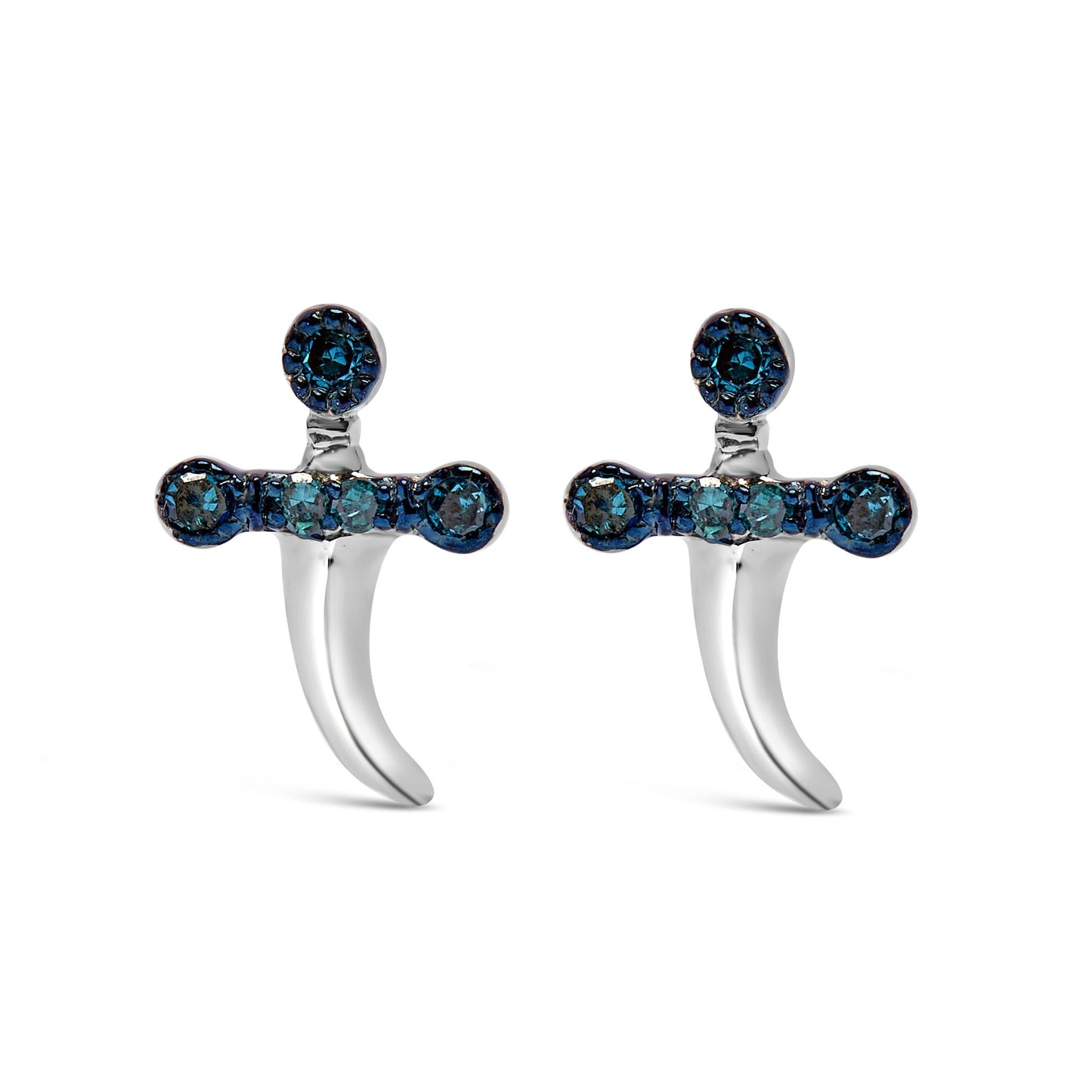 Front angle view of white metal earrings featuring round, prong-set blue gemstones arranged at the top and across a horizontal bar above a curved drop.