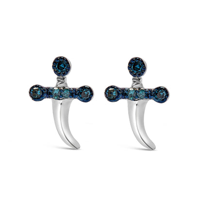 Front angle view of white metal earrings featuring round, prong-set blue gemstones arranged at the top and across a horizontal bar above a curved drop.