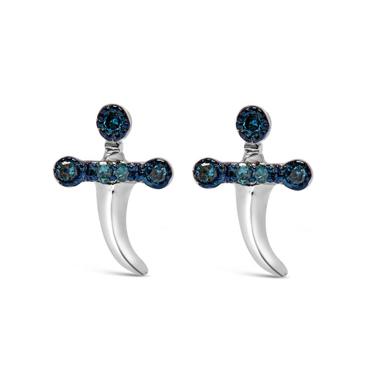Front angle view of white metal earrings featuring round, prong-set blue gemstones arranged at the top and across a horizontal bar above a curved drop.