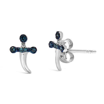 Pair of white metal stud earrings with a vertical curved bar and a horizontal bar set with round blue gemstones, shown from front and side angles on a white background.