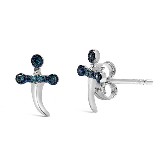 Pair of white metal stud earrings with a vertical curved bar and a horizontal bar set with round blue gemstones, shown from front and side angles on a white background.