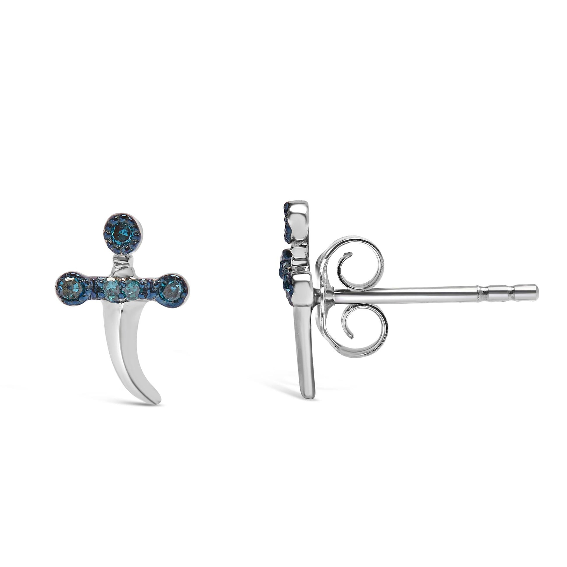 Front and side view of a white metal earring with a curved design featuring round blue gemstones in prong settings, shot on a white background.