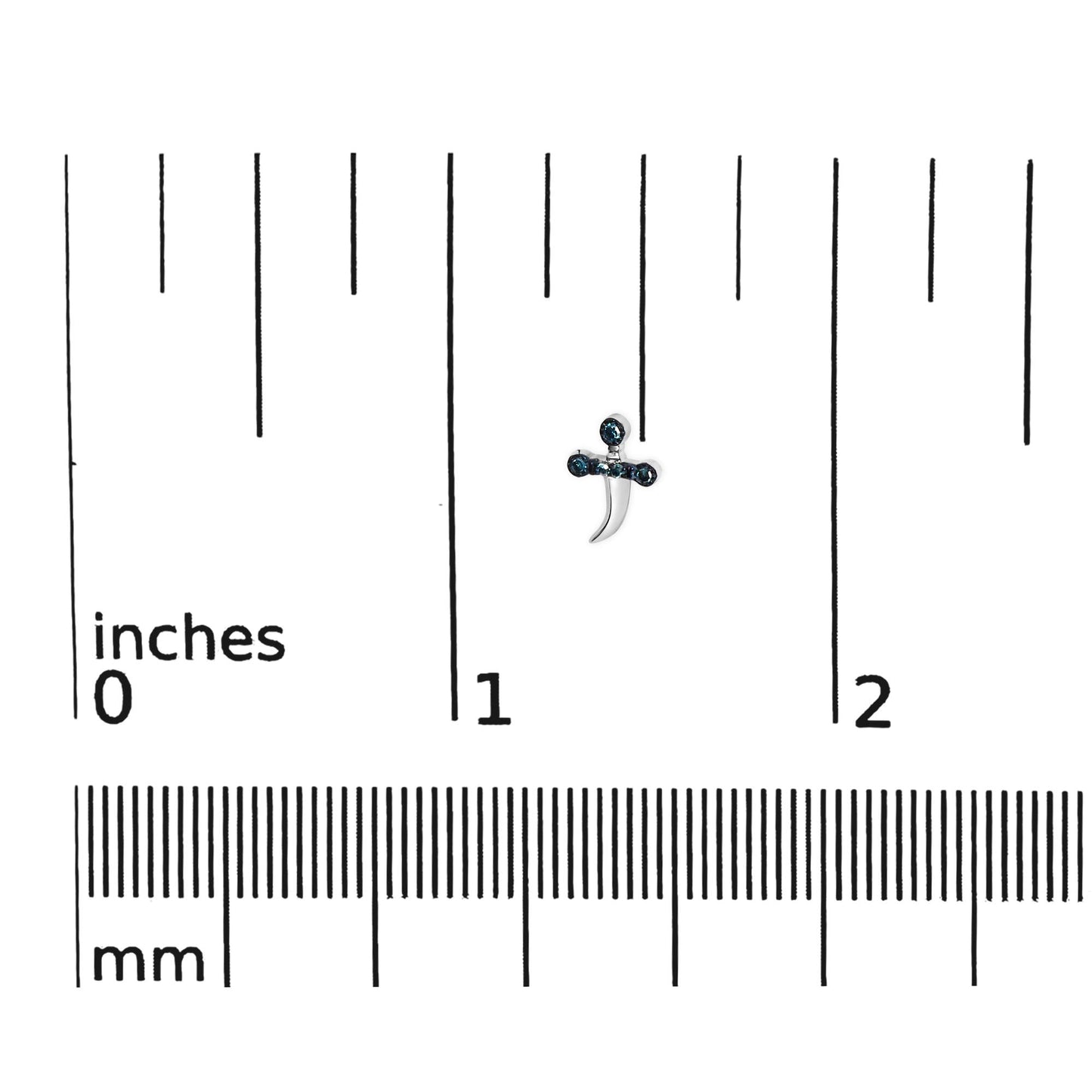 White metal earring with round prong-set blue gemstones, displayed flat on a ruler for size reference, top-down view.