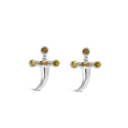 Front angle view of white metal earrings shaped like small daggers, each adorned with multiple round prong-set yellow gemstones.