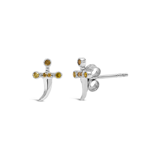 Pair of white metal stud earrings with curved drop design, each featuring multiple round yellow gemstones in prong settings, shown from front and side angles.