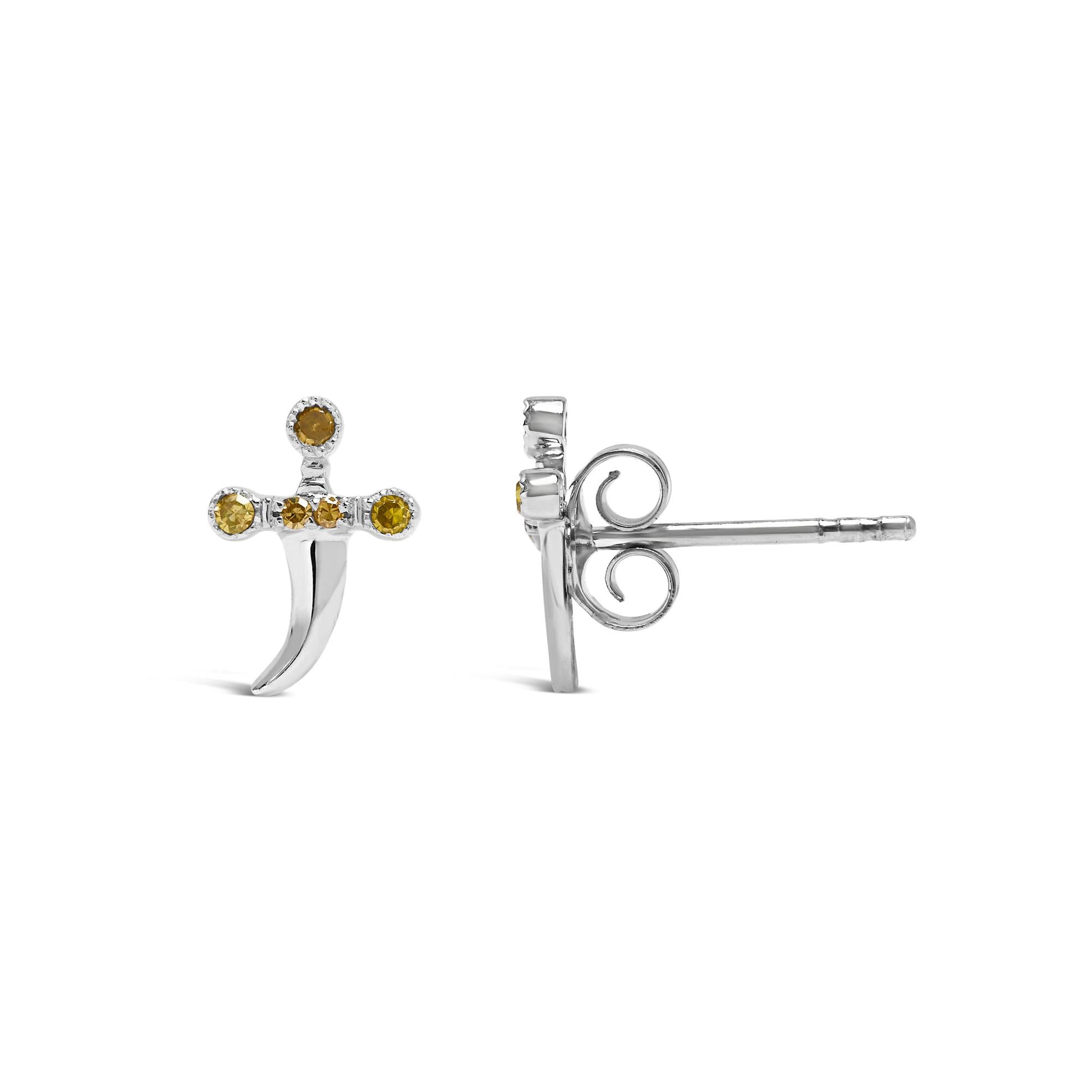 Front and side views of a white metal stud earring featuring round yellow gemstones in prong settings, photographed on a white background.