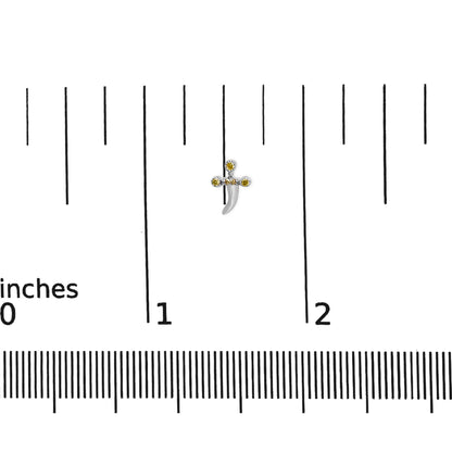 White metal earring with yellow round gemstones in prong setting, shown on a ruler for size reference, front-facing angle.