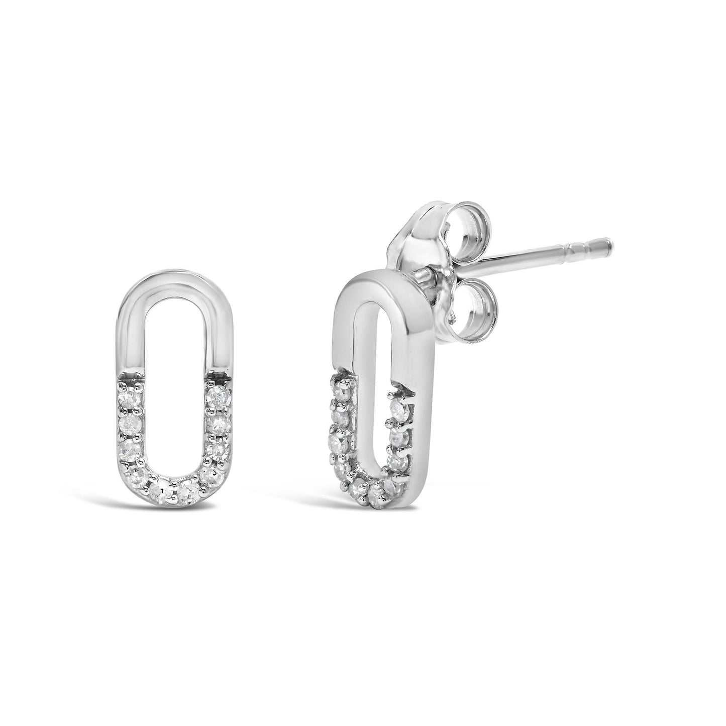 White metal oval-shaped earrings with round white gemstones in prong settings on the lower half, shown from front and side angles on a white background.