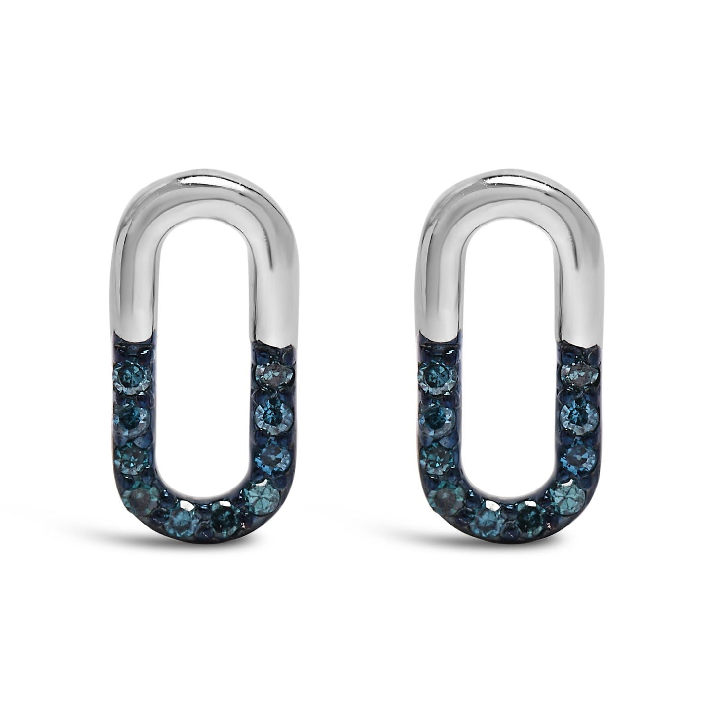 Front view of a pair of white metal oval-shaped earrings featuring blue round gemstones set in prongs along the lower half.