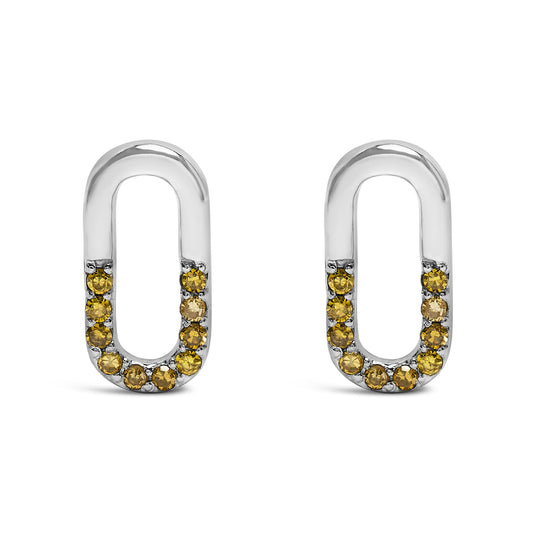 Front view of white metal oval-shaped earrings with round yellow gemstones set along the bottom half in a prong setting.