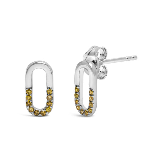 Close-up front and side view of a pair of white metal oval-shaped stud earrings adorned with yellow round gemstones in prong settings.