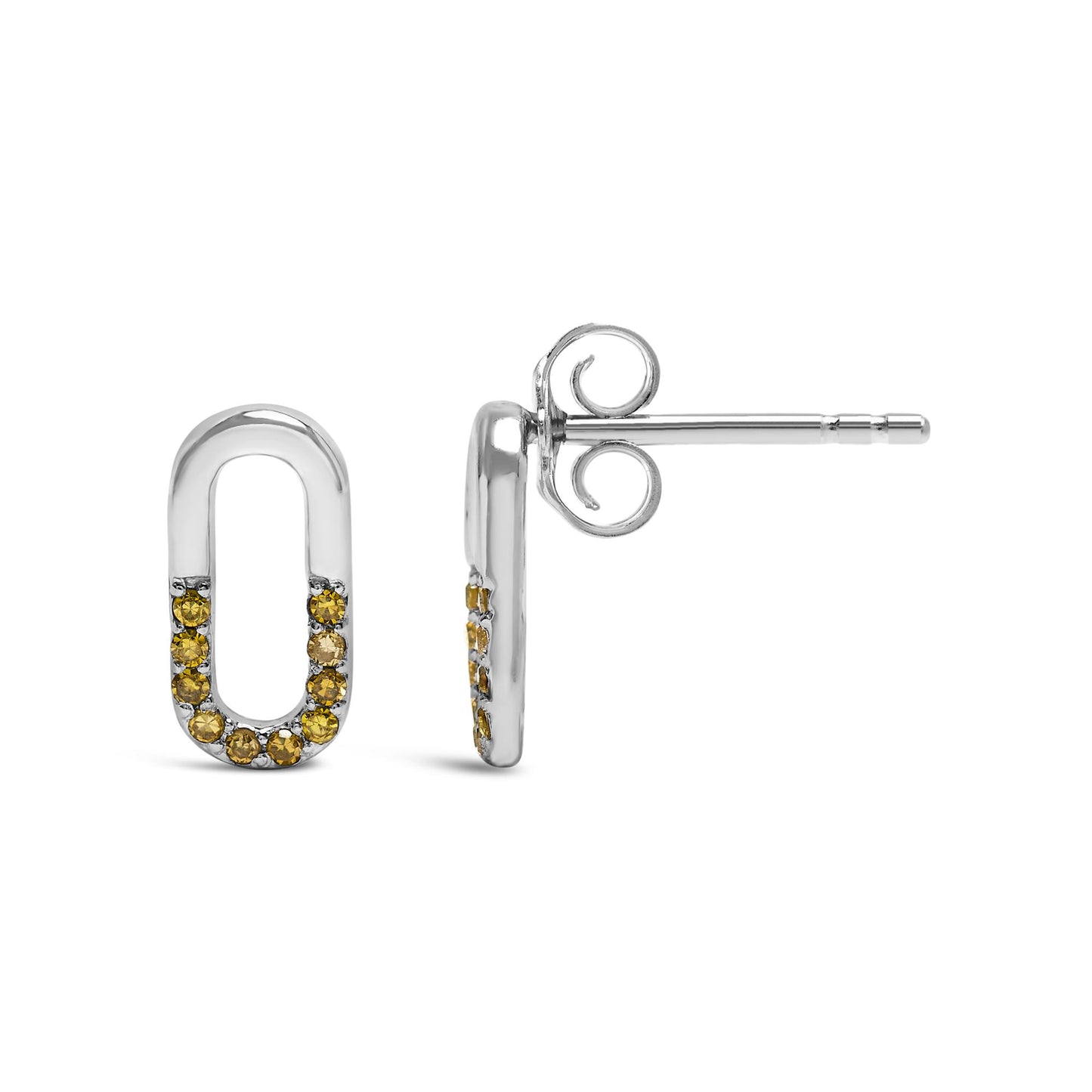 White metal earrings with oval-shaped open design featuring prong-set round yellow gemstones, shown from the front and side angles.