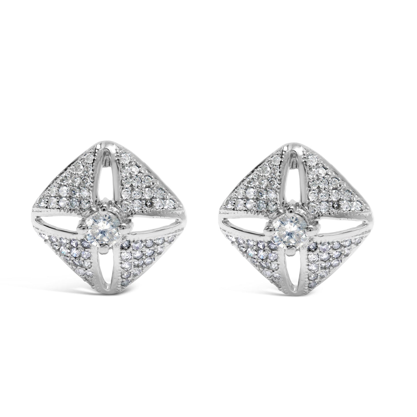 Pair of white metal square-shaped earrings with a central round white gemstone and multiple smaller round white gemstones in prong settings, shown from a front angle on a white background.