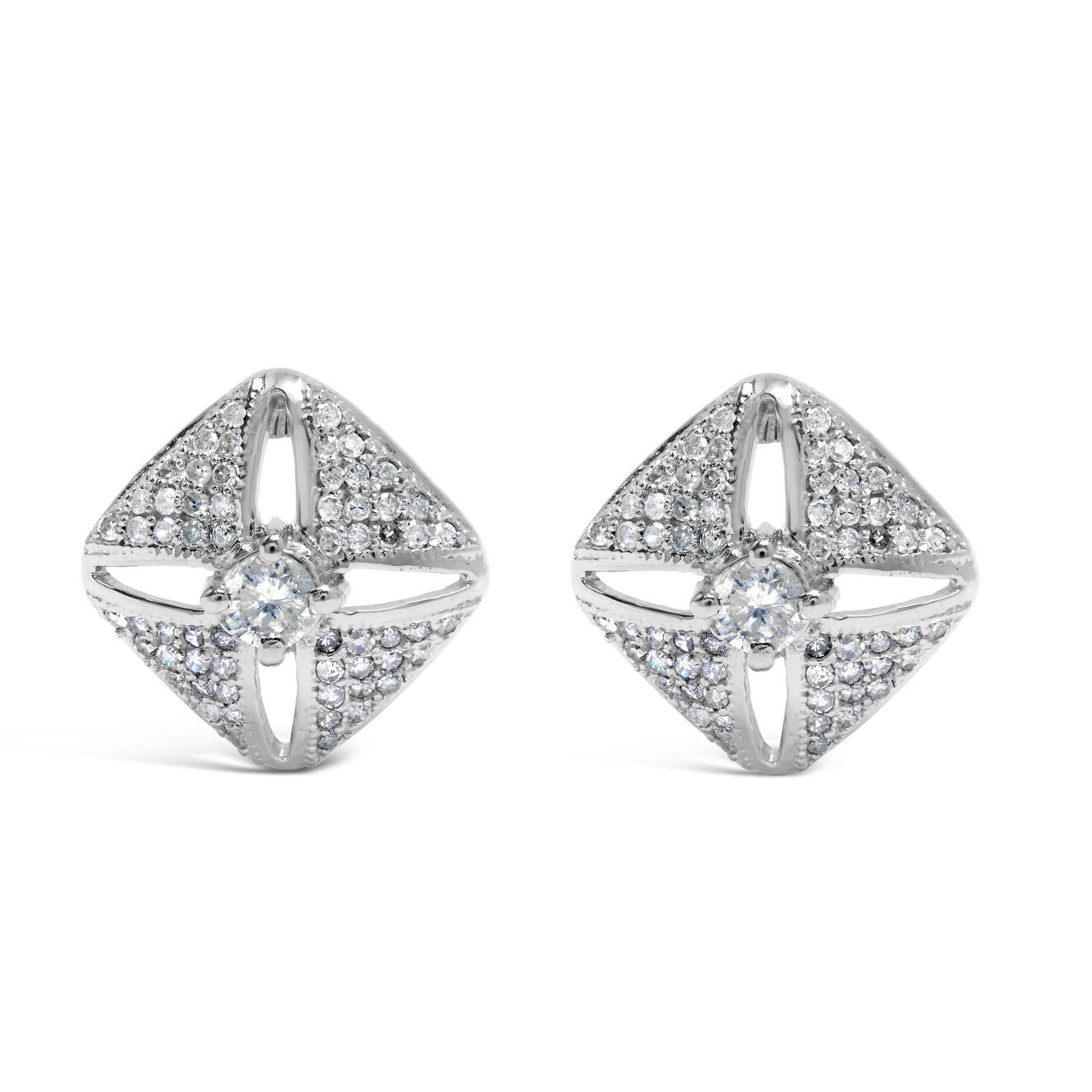 Pair of white metal square-shaped earrings with a central round white gemstone and multiple smaller round white gemstones in prong settings, shown from a front angle on a white background.