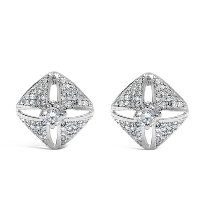 Pair of white metal square-shaped earrings with a central round white gemstone and multiple smaller round white gemstones in prong settings, shown from a front angle on a white background.