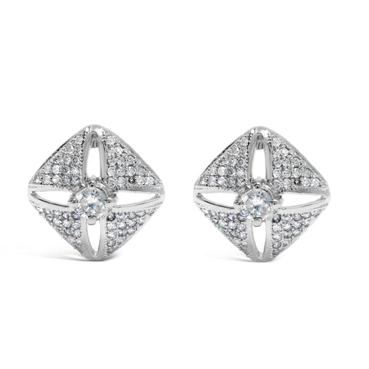 Pair of white metal square-shaped earrings with a central round white gemstone and multiple smaller round white gemstones in prong settings, shown from a front angle on a white background.