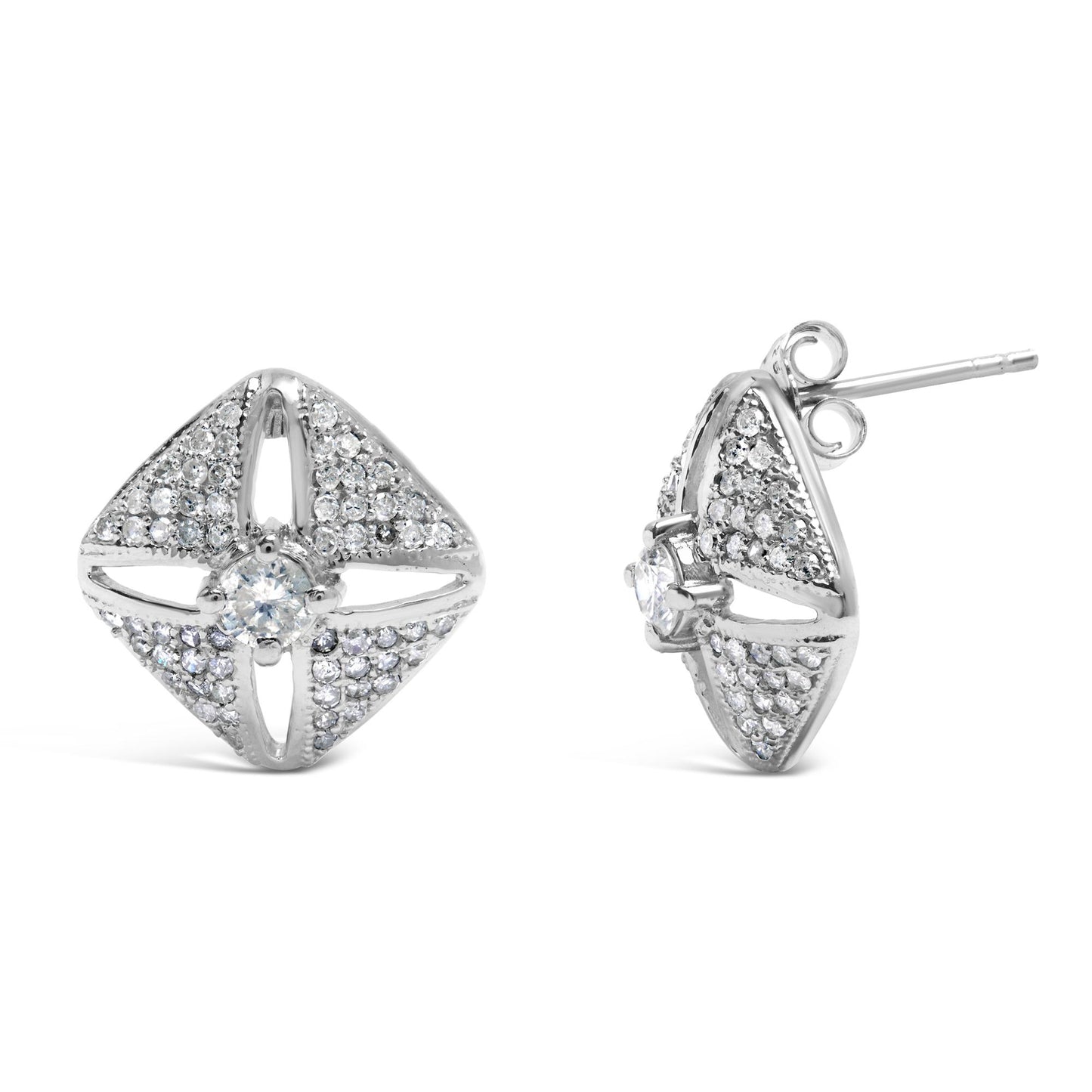 Pair of white metal stud earrings with a square design featuring a central round white gemstone and pavé-set smaller round white gemstones, shown from front and side angles.