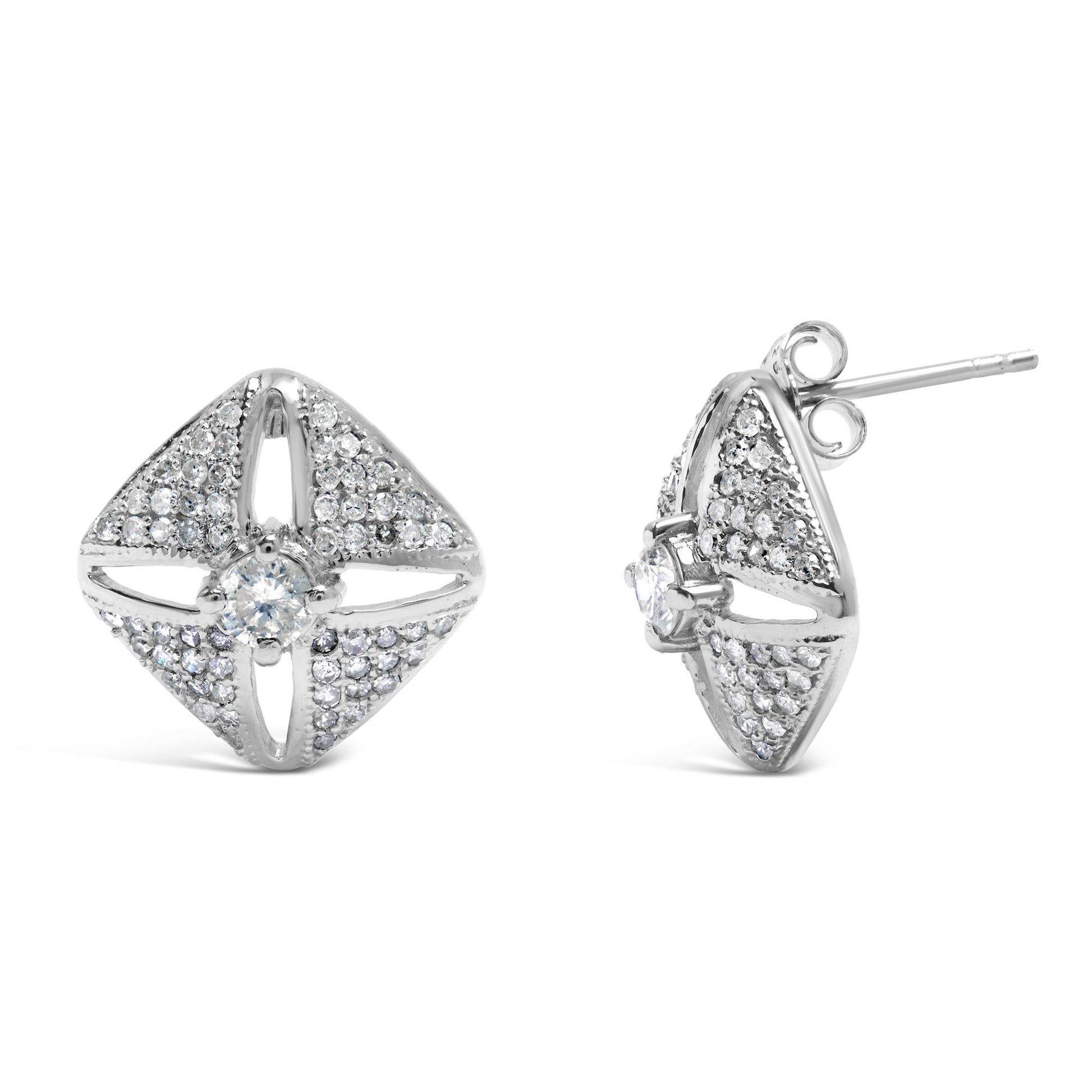 Pair of white metal stud earrings with a square design featuring a central round white gemstone and pavé-set smaller round white gemstones, shown from front and side angles.