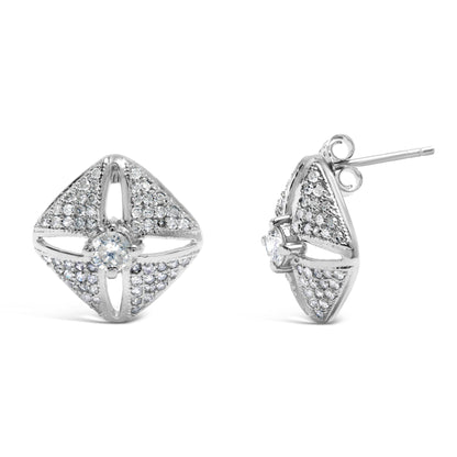 Pair of white metal stud earrings with a square design featuring a central round white gemstone and pavé-set smaller round white gemstones, shown from front and side angles.