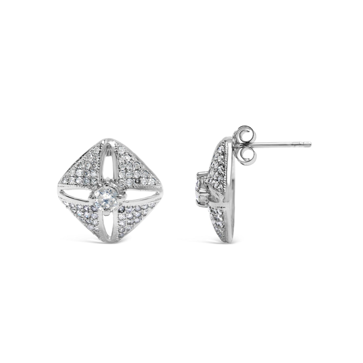 Front and side views of white metal diamond earrings with a square-shaped design featuring one larger round white gemstone in the center and multiple smaller round white gemstones set in a prong setting on the surface.