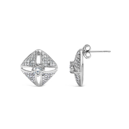 Front and side views of white metal diamond earrings with a square-shaped design featuring one larger round white gemstone in the center and multiple smaller round white gemstones set in a prong setting on the surface.
