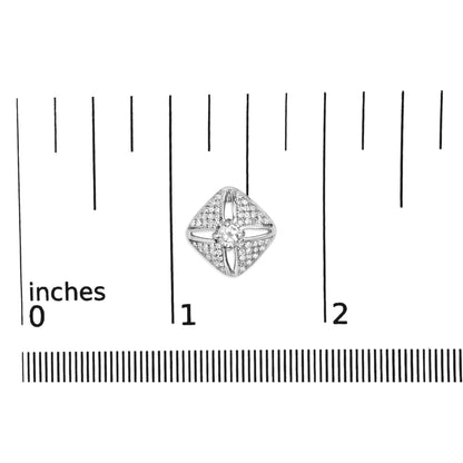 White metal earring with a central round white gemstone surrounded by smaller round white gemstones in a square shape, shown from a top-down angle on a ruler for size reference.