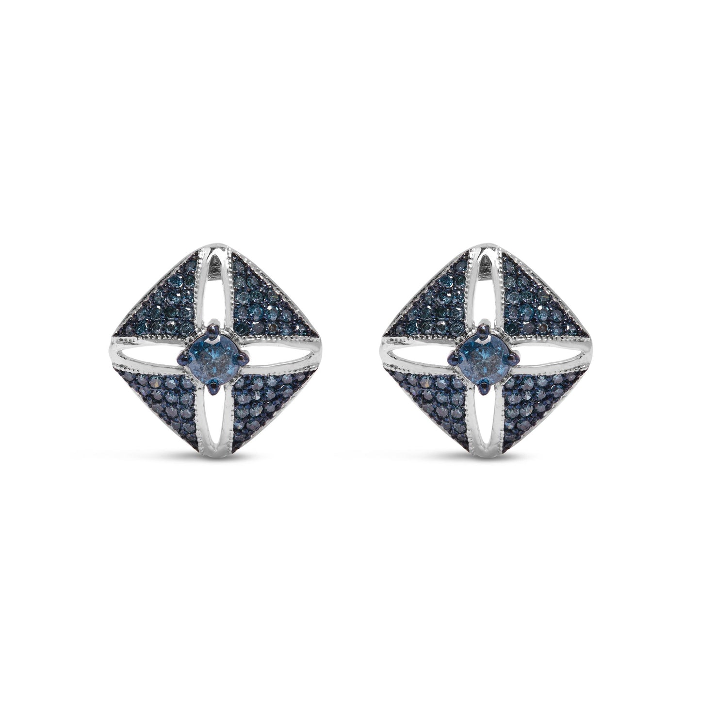 Front view of white metal square-shaped earrings featuring a central round blue gemstone and surrounding smaller round blue gemstones in prong settings.