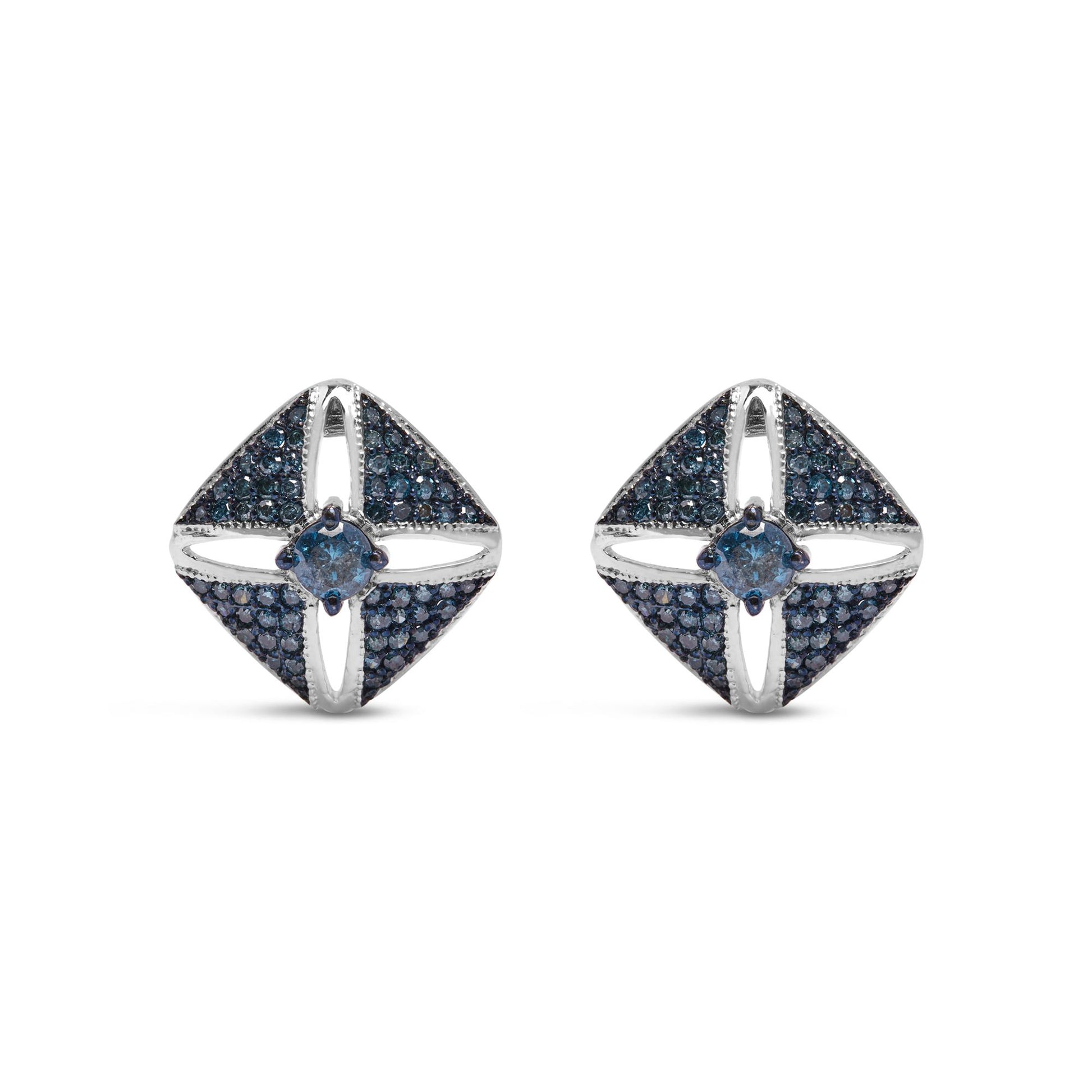 Front view of white metal square-shaped earrings featuring a central round blue gemstone and surrounding smaller round blue gemstones in prong settings.