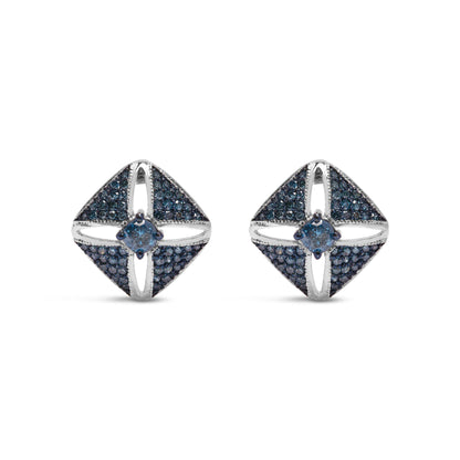Front view of white metal square-shaped earrings featuring a central round blue gemstone and surrounding smaller round blue gemstones in prong settings.