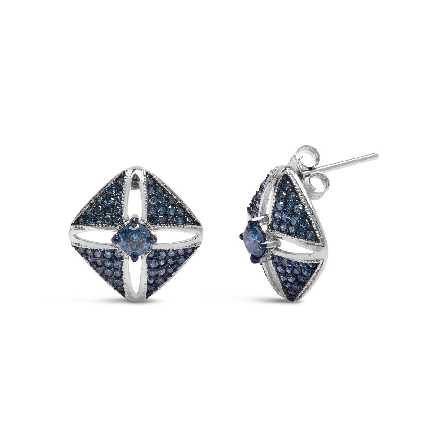 Pair of square white metal earrings with blue round gemstones set in prongs, shown from front and side angles.