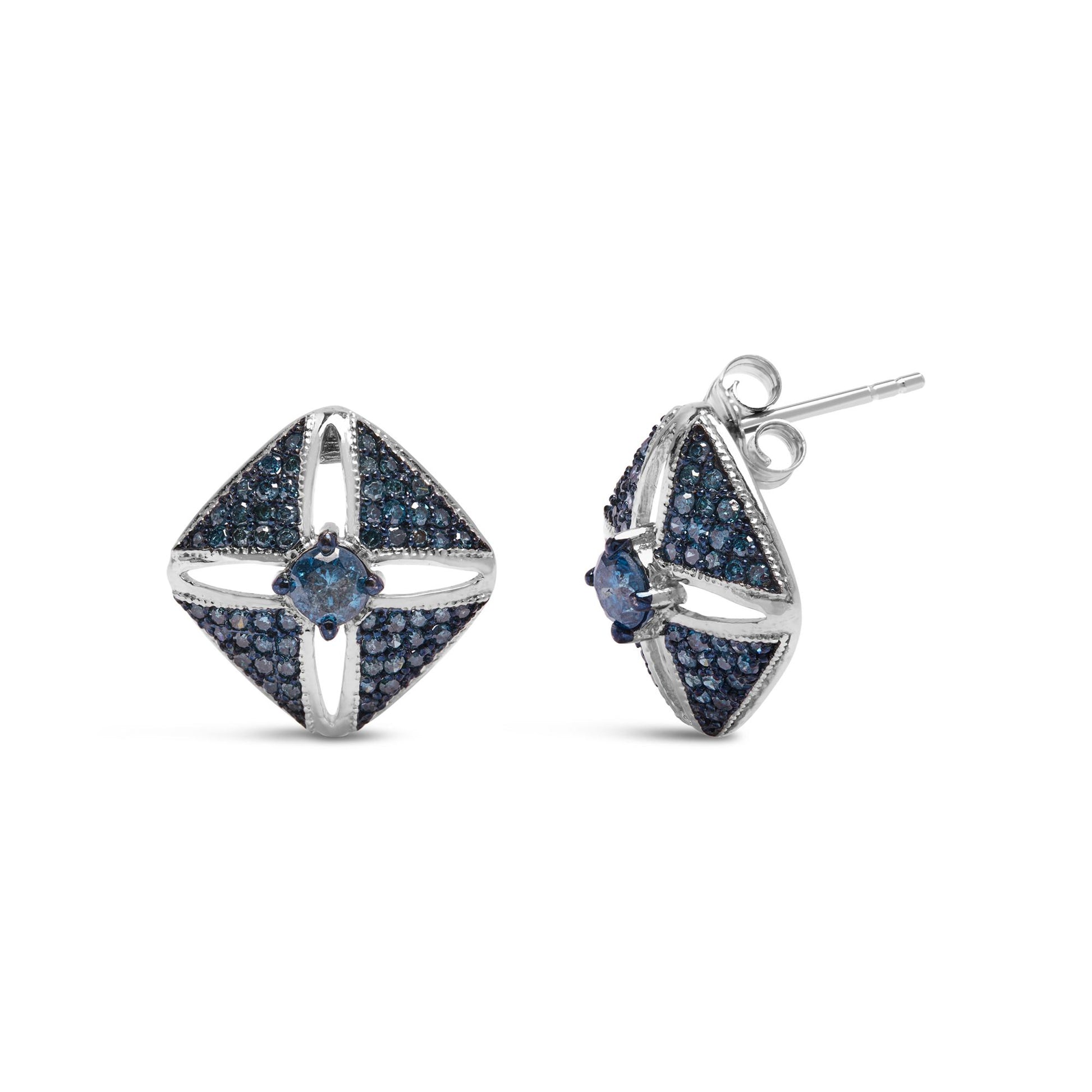 Pair of square white metal earrings with blue round gemstones set in prongs, shown from front and side angles.