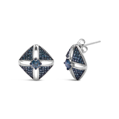 Pair of square white metal earrings with blue round gemstones set in prongs, shown from front and side angles.